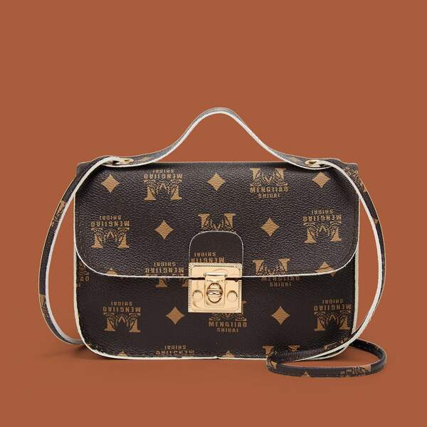 

Letter Graphic Twist Lock Satchel Bag, Coffee brown
