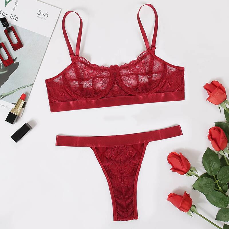 

Floral Lace Underwire Lingerie Set, Burgundy
