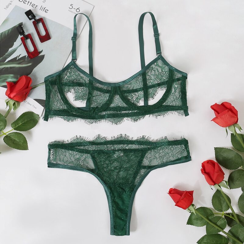 

Floral Lace Cut-out Underwire Lingerie Set, Dark green