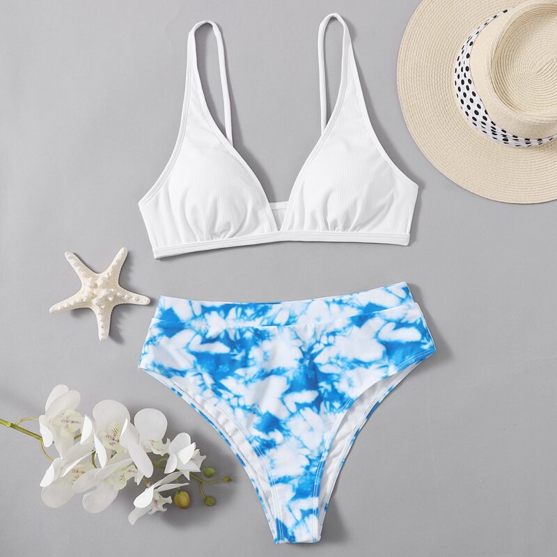 

Tie Dye High Waist Bikini Swimsuit, Blue and white