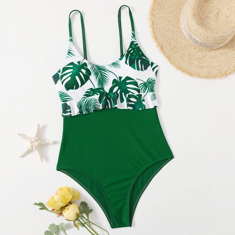 

Tropical Leaf Ruffle One Piece Swimsuit, Green