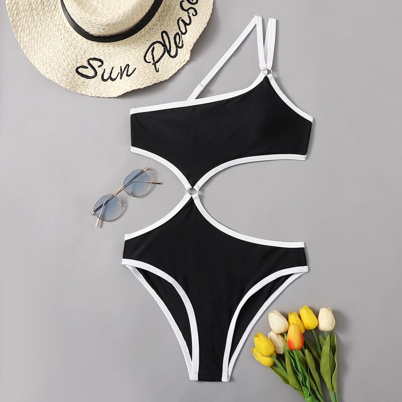 

Contrast Binding Cut-out One Piece Swimsuit, Black and white