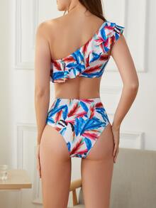ชุดบิกินี่ไหล่เดี่ยวลายใบไม้แบบสุ่ม - มัลติคัลเลอร์ - ดู 2