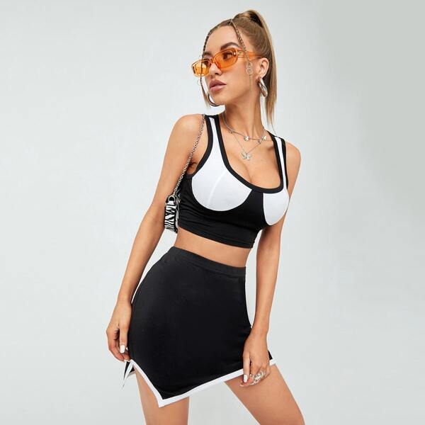 

Color Block Crop Tank Top & Asymmetrical Skirt, Black and white