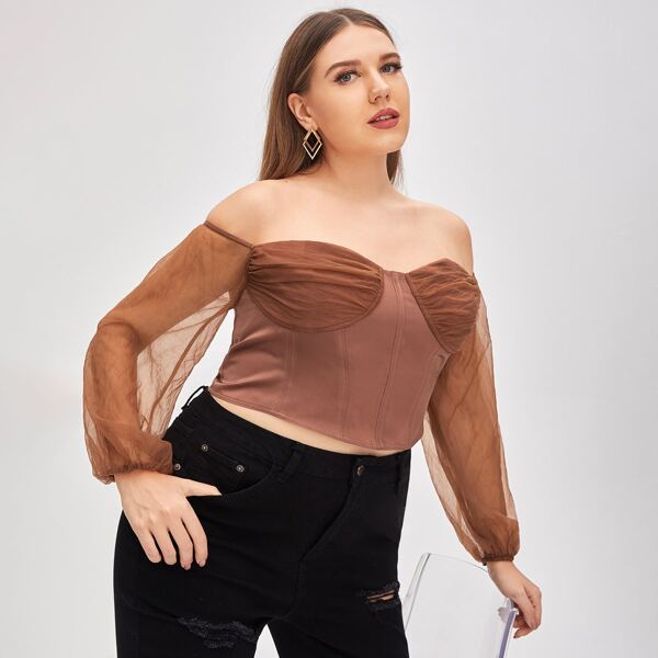 

Plus Off Shoulder Bishop Sleeve Bustier Top, Rust brown