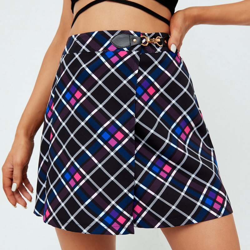 

Buckle Detail Plaid Mini Skirt, Multicolor