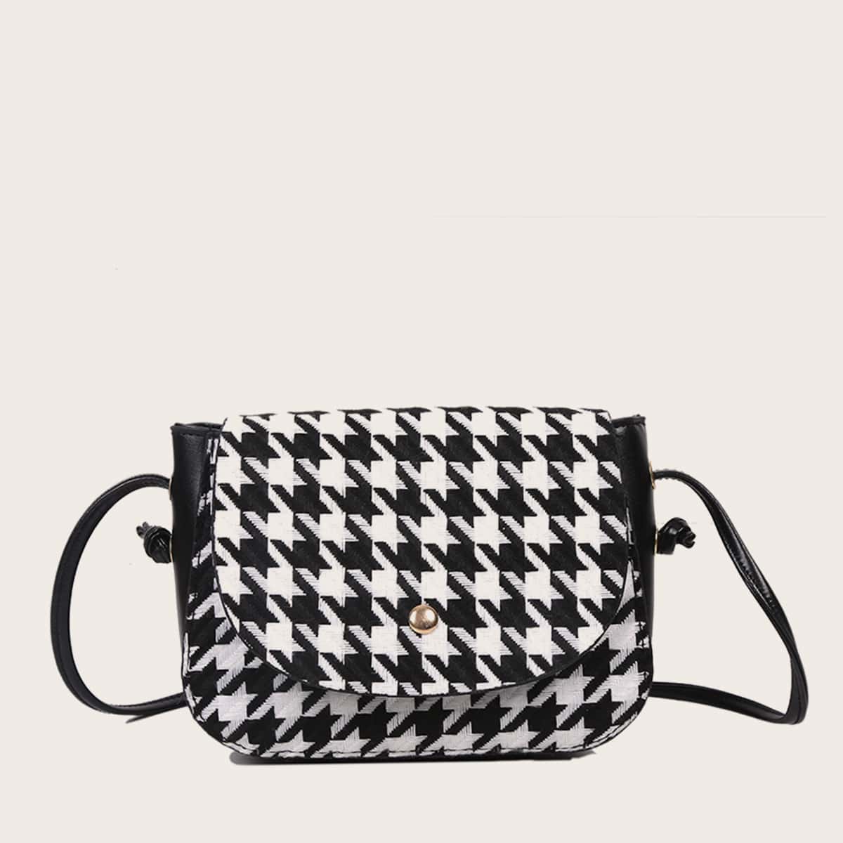 

Houndstooth Pattern Flap Crossbody Bag, Black and white