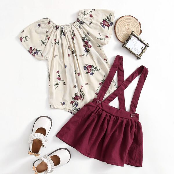 

Baby Girl Floral Print Bodysuit & Suspender Skirt, Red and white