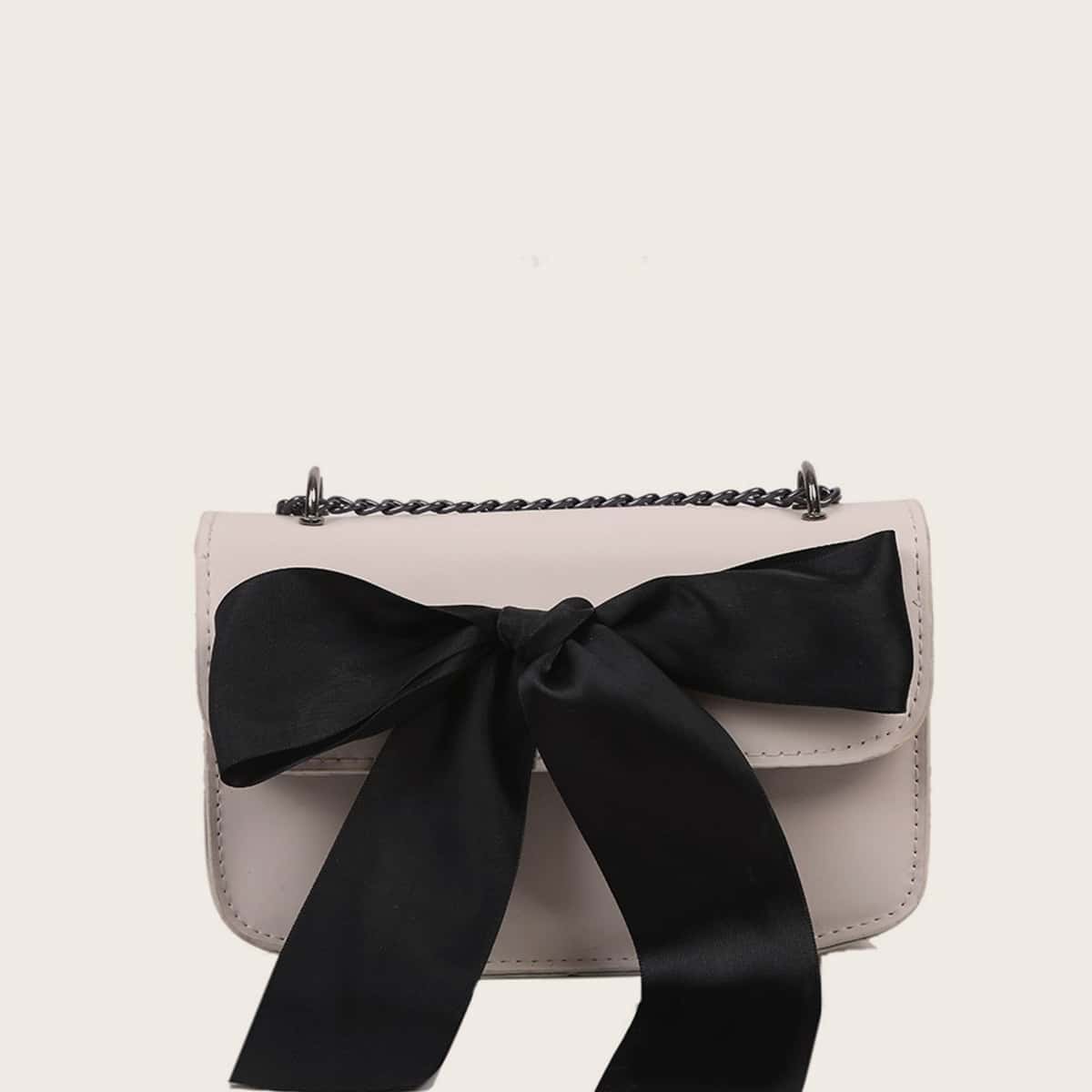

Bow Decor Chain Shoulder Bag, Black and white