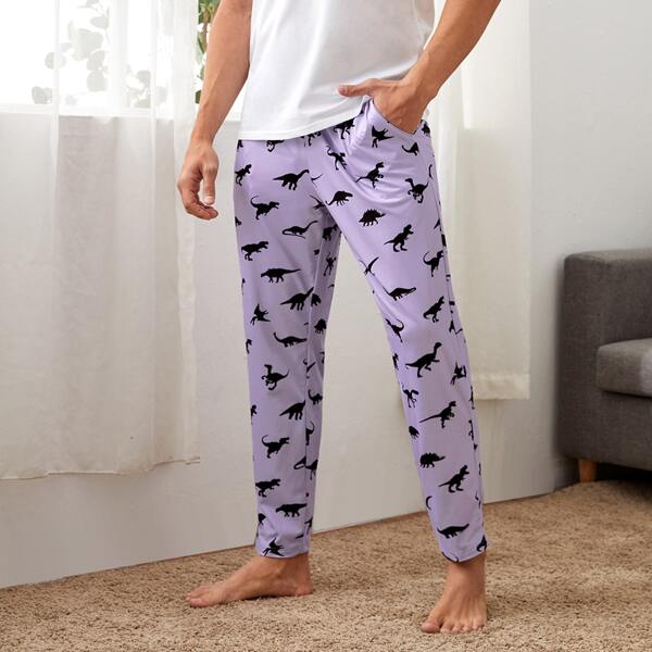 

Men Dinosaur Allover Print Letter Tape Waist Loungewear Pants, Lilac purple