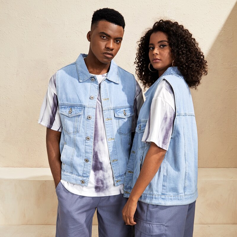 

Guys Solid Button Through Denim Vest Jacket, Light wash