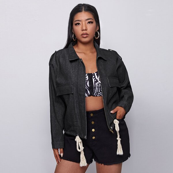 

Plus Drop Shoulder Zip Up Drawstring Knot Denim Jacket, Black