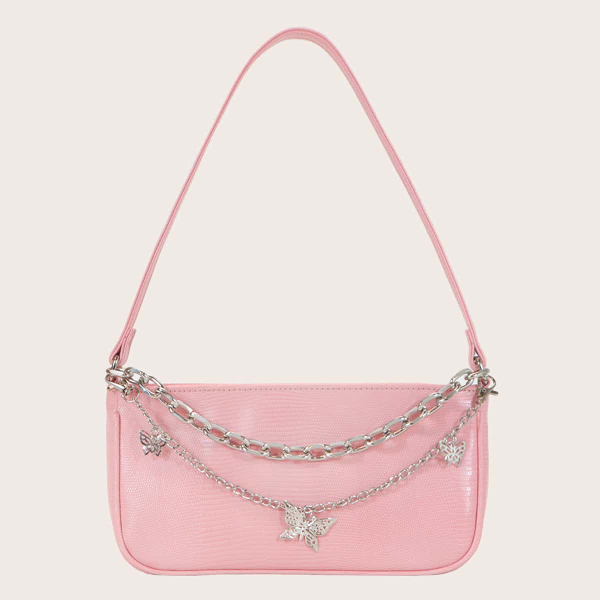 

Butterfly & Chain Decor Baguette Bag, Pink