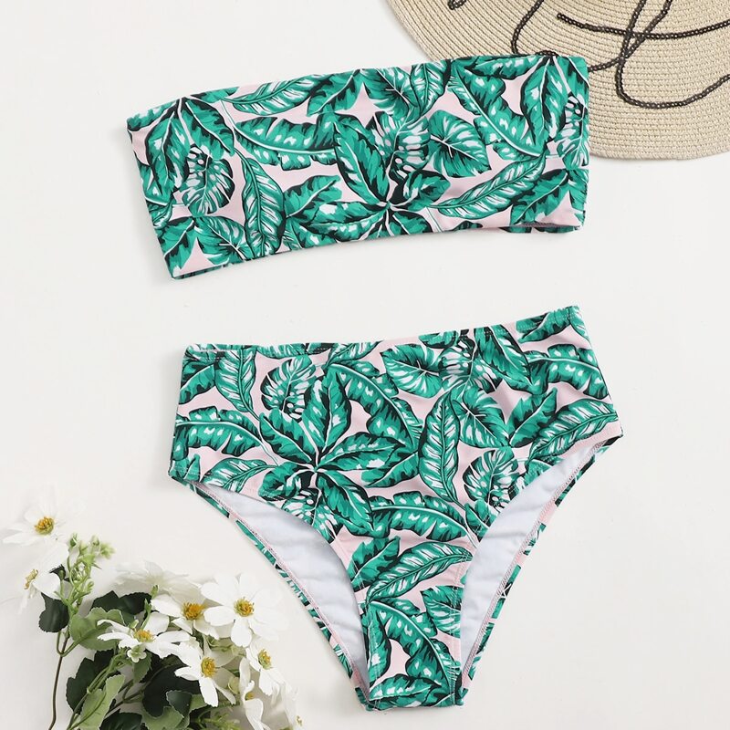 

Tropical Leaf High Waist Bikini Swimsuit, Multicolor