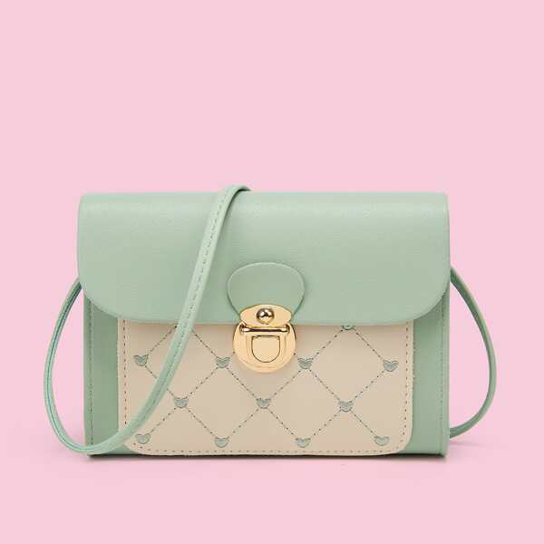 

Heart Embroidered Push Lock Flap Crossbody Bag, Green