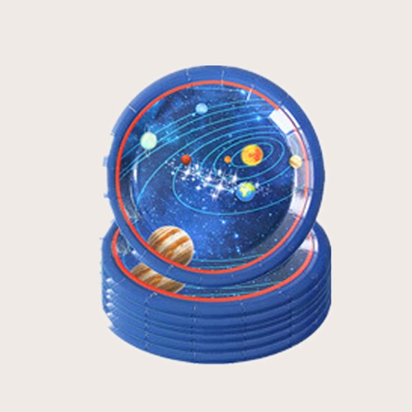 

8pcs Planet Print Disposable Plate, Blue