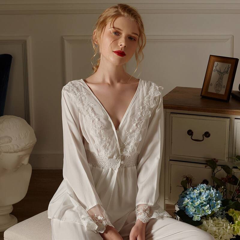 

Contrast Lace Shirred Waist Pajama Set, White