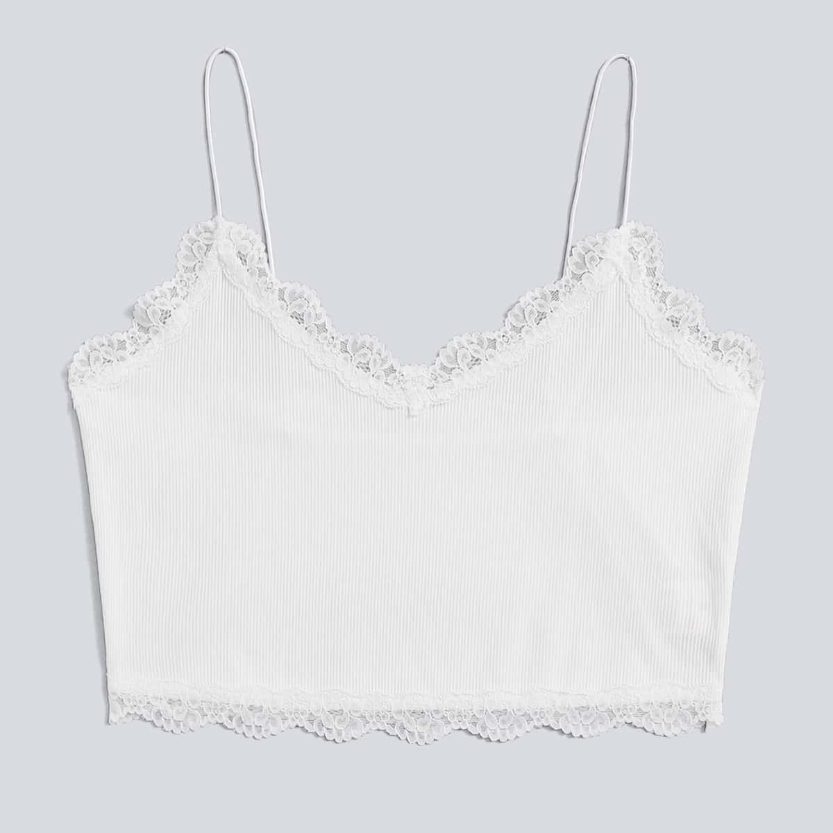 

Contrast Lace Ribbed Crop Cami, White