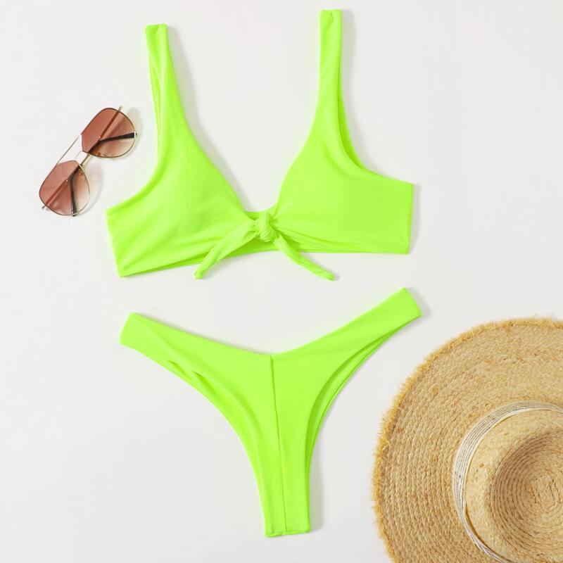 

Knot Front High Leg Bikini Swimsuit, Green