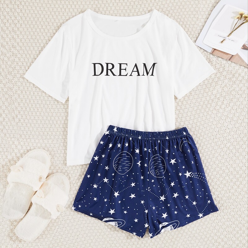 

Letter & Galaxy Print Pajama Set, Blue and white