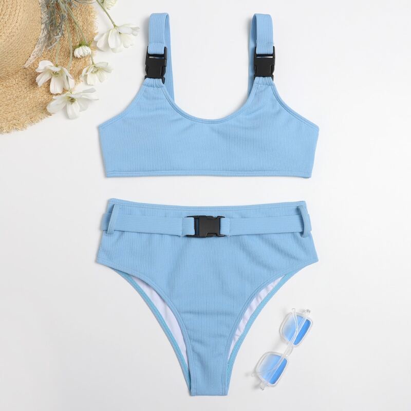 

Buckle Decor High Waist Bikini Swimsuit, Baby blue