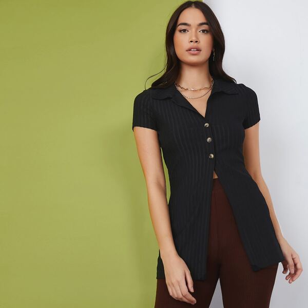 

Rib-knit Button Placket Solid Cardigan, Black
