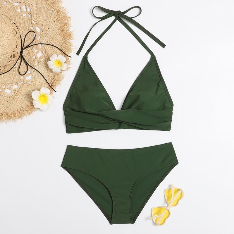 

Plain Halter Bikini Swimsuit, Army green