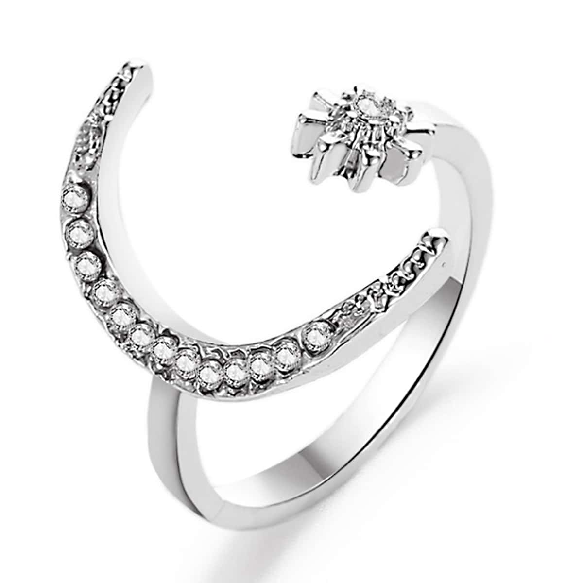

1pc Star & Moon Cuff Ring, Silver