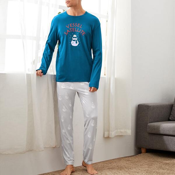 

Men Snowman and Letter Print Top & Pants PJ Set, Multicolor