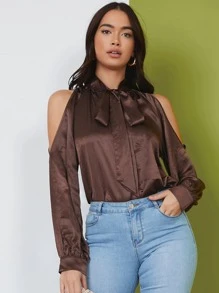 SHEIN Tie Neck Cold Shoulder Solid Top - Chocolate Brown - View 4