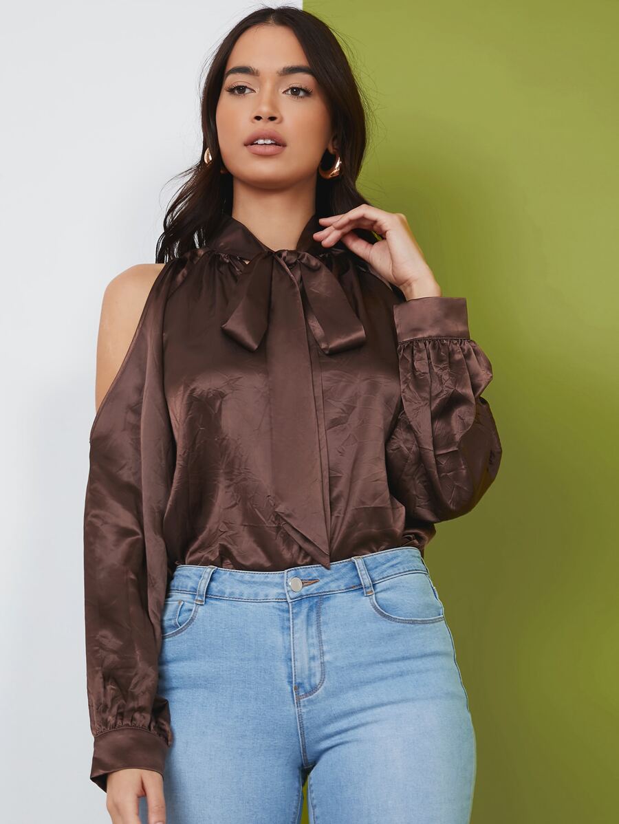 SHEIN Tie Neck Cold Shoulder Solid Top - Chocolate Brown - View 1