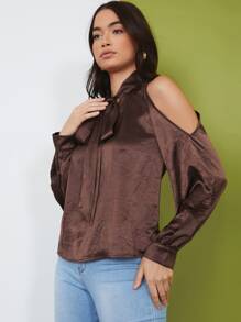 SHEIN Tie Neck Cold Shoulder Solid Top - Chocolate Brown - View 5