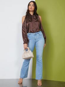 SHEIN Tie Neck Cold Shoulder Solid Top - Chocolate Brown - View 3