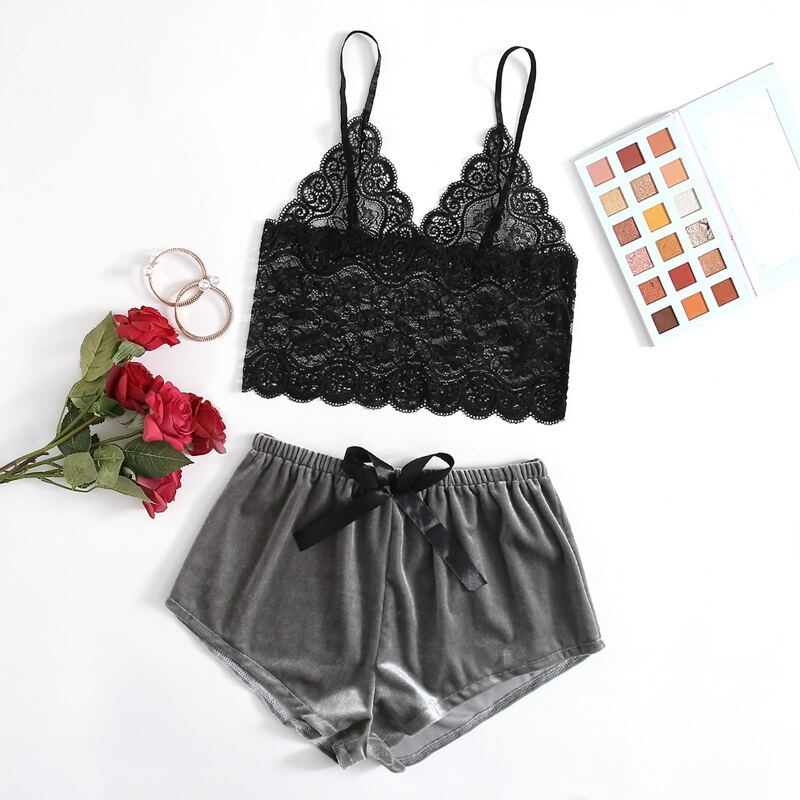 

Floral Lace Velvet Lingerie Set, Multicolor