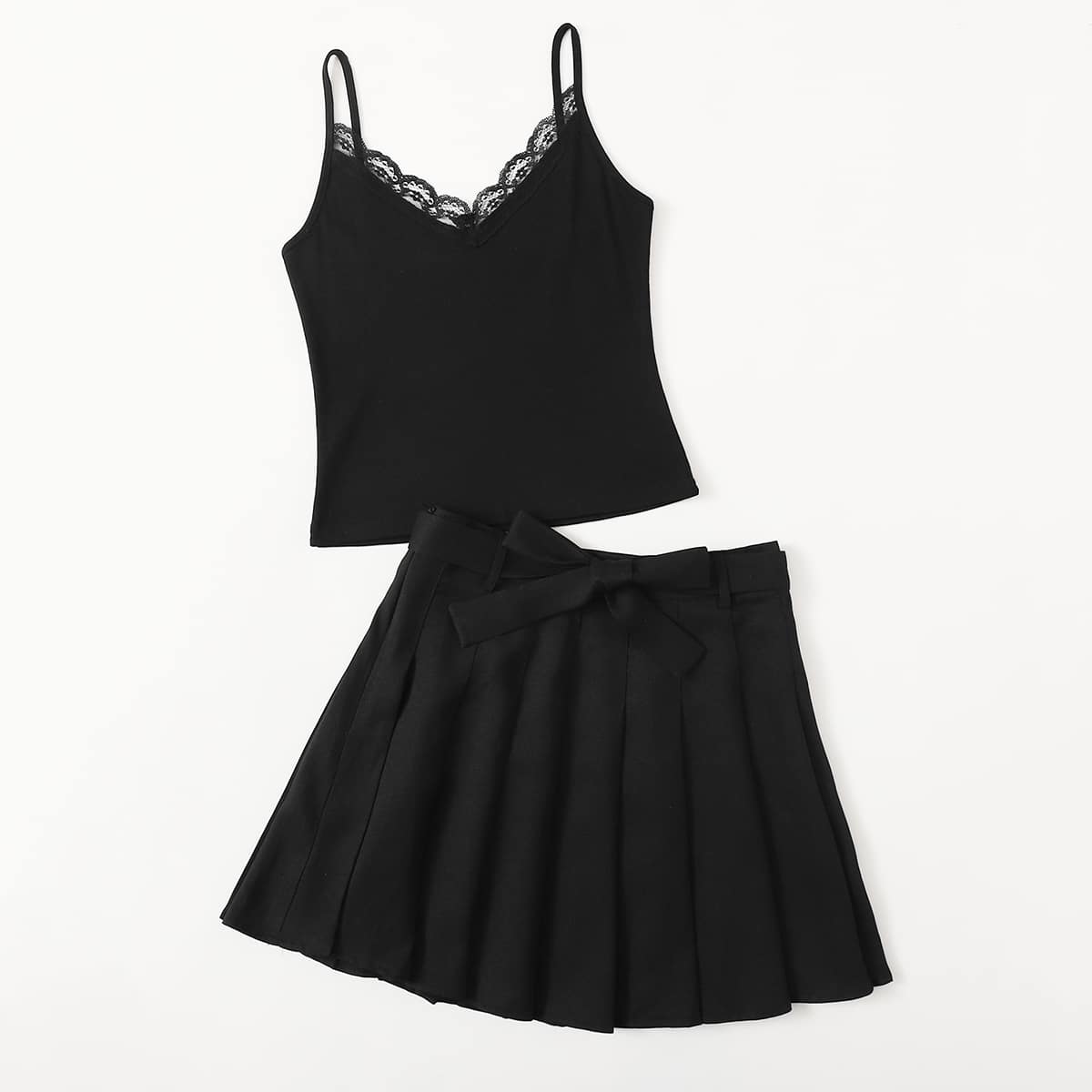 

Contrast Lace Cami Top & Pleated Skirt, Black