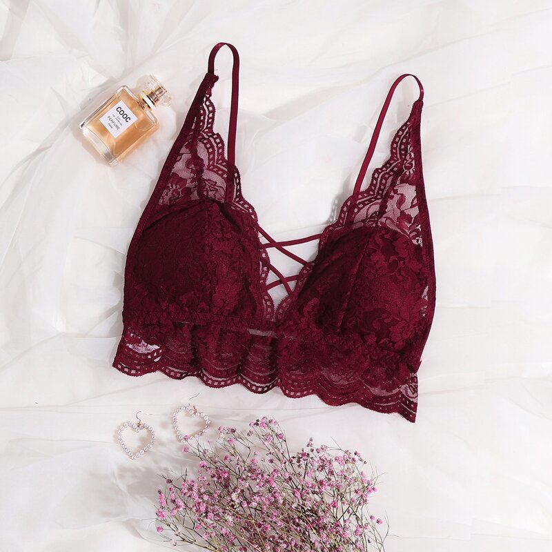 

Scallop Floral Lace Bralette, Burgundy