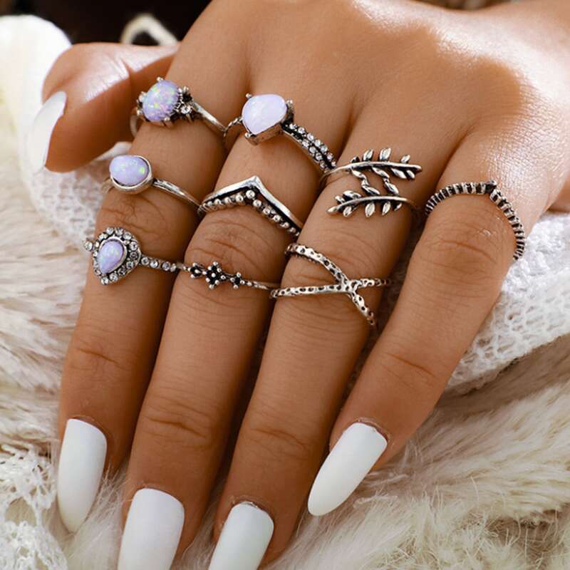 

9pcs Leaf & Opal Decor Ring, Silver