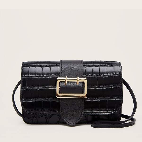 

Buckle Decor Croc Embossed Crossbody Bag, Black
