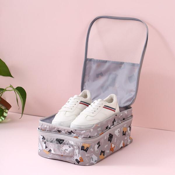 

Cartoon Cat Print Shoes Storage Bag, Grey