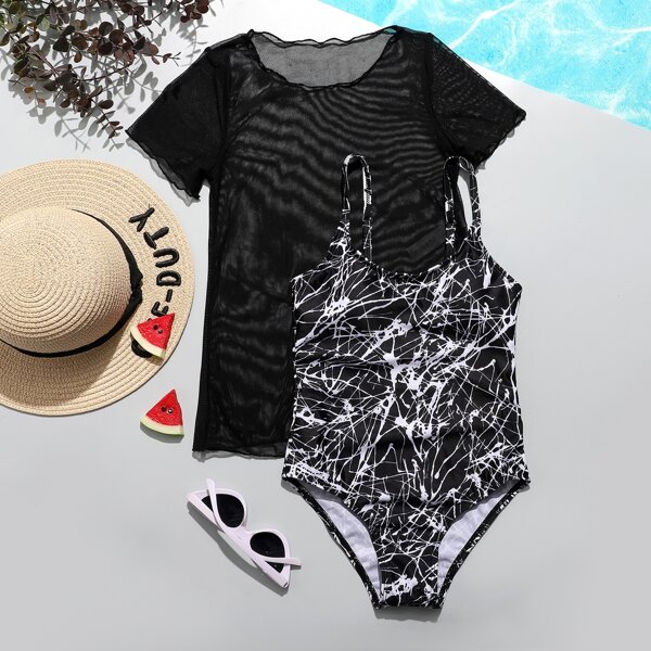 

Girls Marble Print One Piece Swimsuit & Cover Up, Black