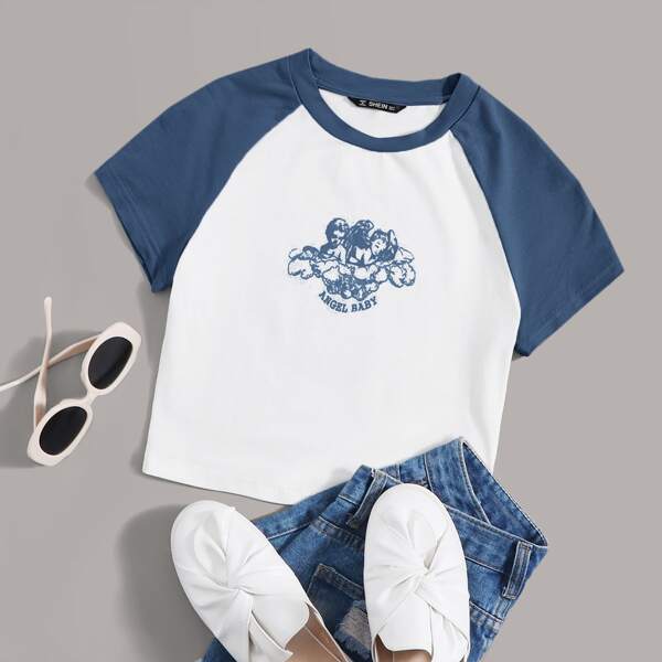 

Letter and Angel Print Raglan Sleeve Tee, White