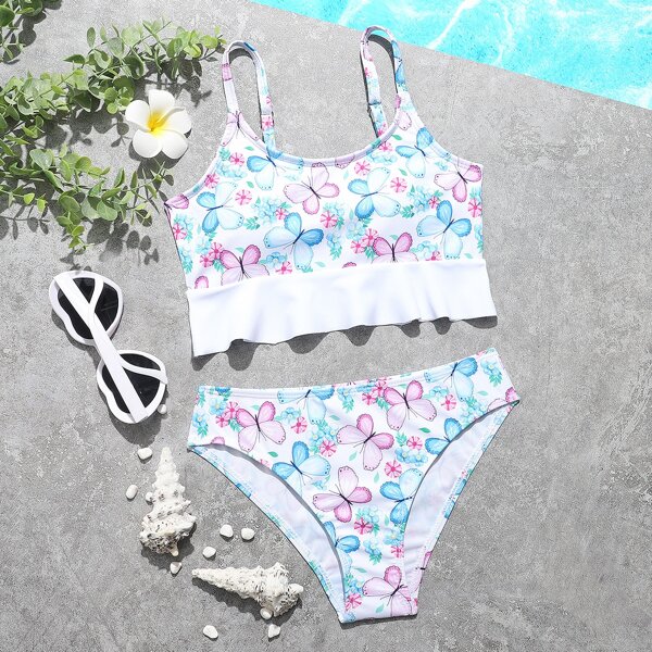 

Girls Floral & Butterfly Ruffle Bikini Swimsuit, Multicolor