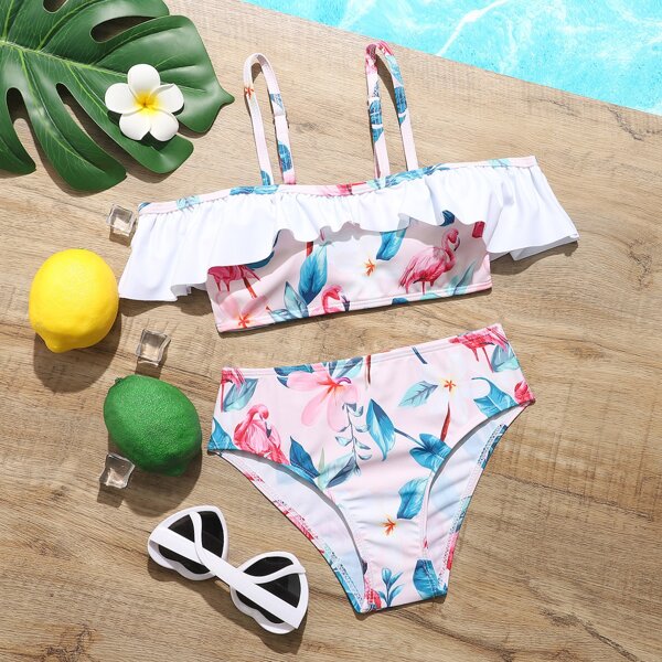 

Girls Floral Ruffle Hem Bikini Swimsuit, Multicolor