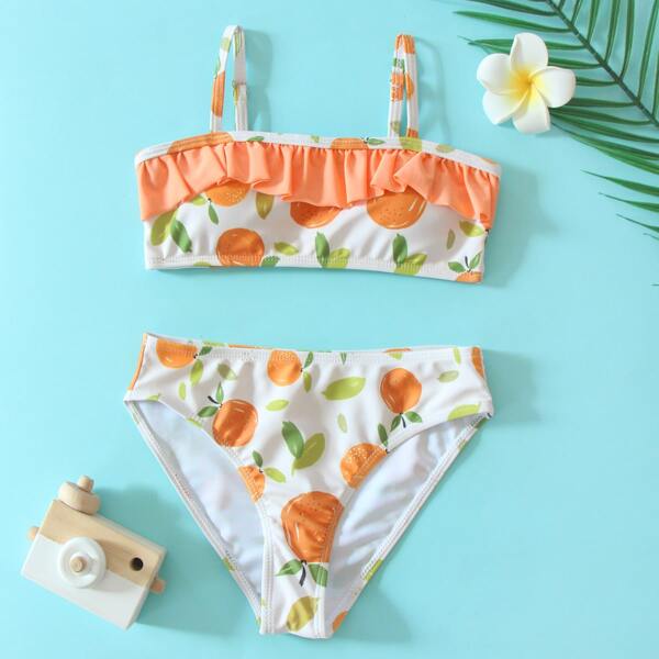 

Girls Fruit Print Ruffle Bikini Swimsuit, Multicolor