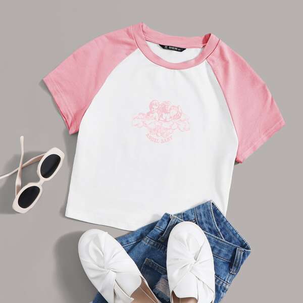 

Letter and Angel Print Raglan Sleeve Tee, White