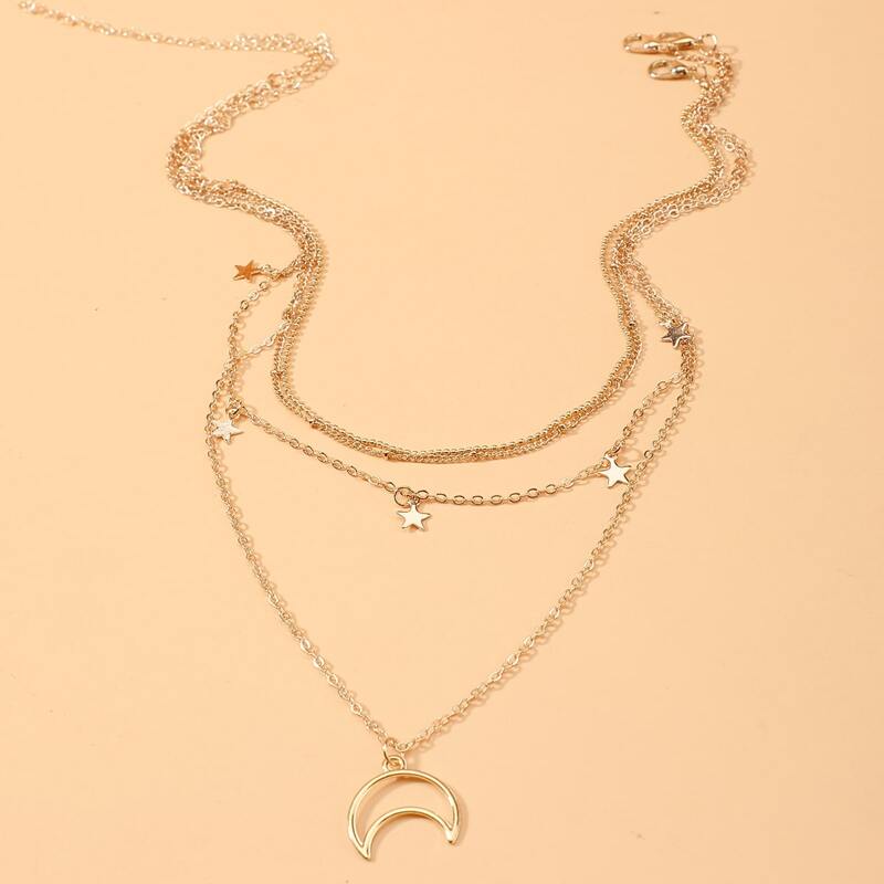 

3pcs Star & Moon Decor Layered Necklace, Gold