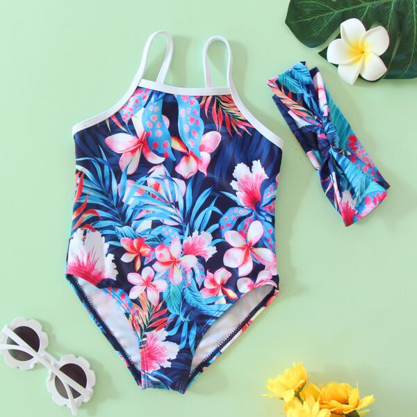 

Baby Girl Floral & Plant Print One Piece Swimsuit & Headband, Multicolor