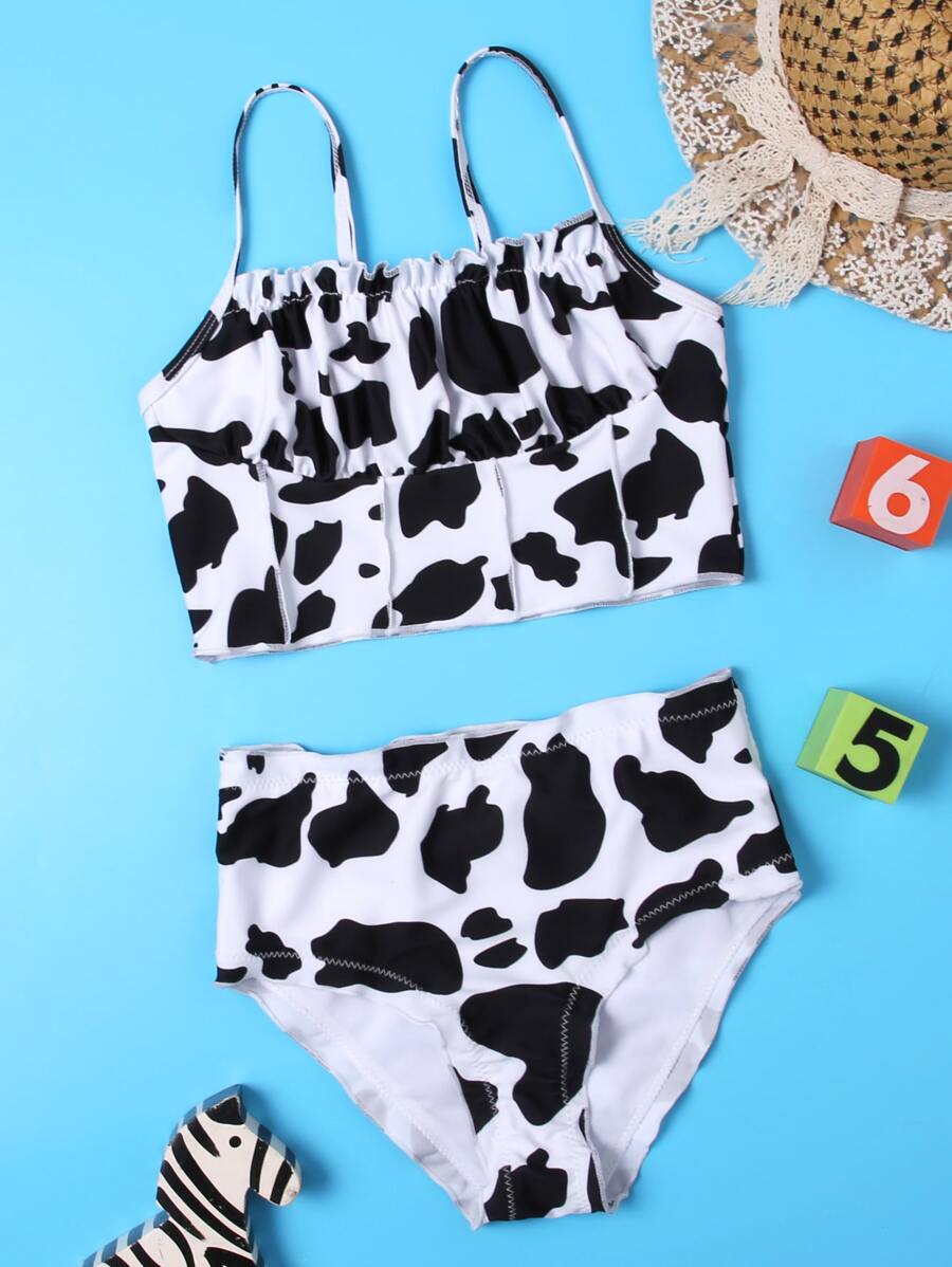 Conjunto de bikini con estampado de vaca, fruncido y volantes para niña preadolescente, para playa de verano - Blanco y Negro - Ver 1