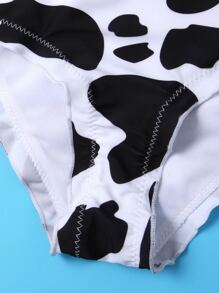 Conjunto de bikini con estampado de vaca, fruncido y volantes para niña preadolescente, para playa de verano - Blanco y Negro - Ver 4