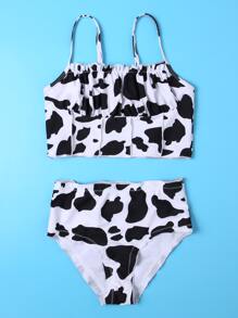 Conjunto de bikini con estampado de vaca, fruncido y volantes para niña preadolescente, para playa de verano - Blanco y Negro - Ver 5